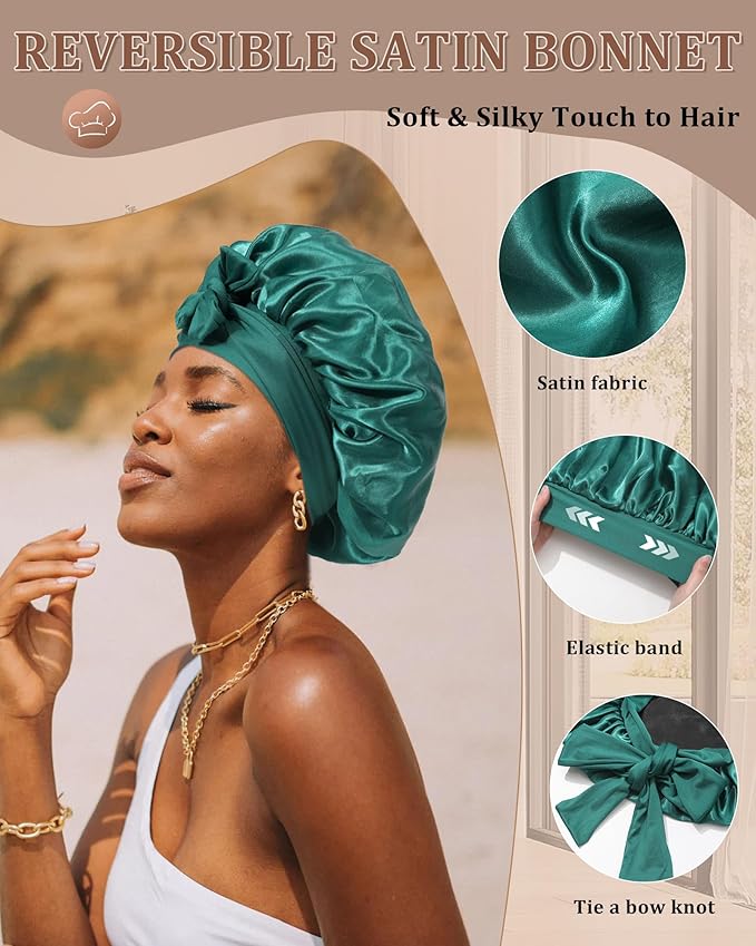 Reversible Satin Bonnet for Sleeping Women Double Layer Hair Bonnet with 2PCS Hair Scrunchies Elastic Tie Band Night Cap