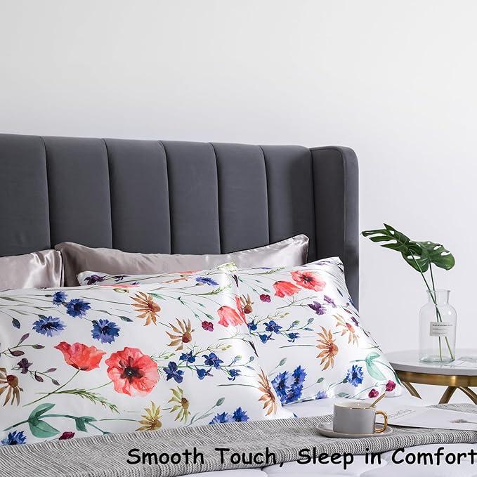 Satin Pillowcase for Hair and Skin, Super Soft and Cooling Similar to Silk Pillow Cases 2 Pack with Envelope Closure Standard Size Satin Pillow Covers, Gifts for Women(20"x26", Floral)