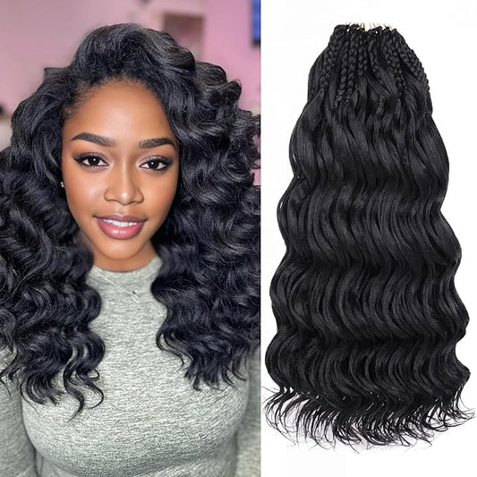 Leeven 14 Inch Pre Looped Ocean Wave Crochet Braids 8 Packs Black Short Curly Crochet Hair Boho Ocean Braids Pre Twisted Synthetic Deep Wavy Crochet Hair for Women