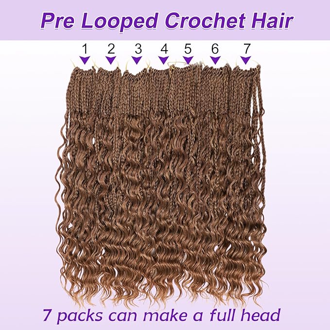 Eacia Goddess Box Braids Crochet Hair 24 Inch 7 Packs Boho Box Crochet Hair with Curly Ends Pre Looped Braids for Women(24 Inch, M33/30/27#)