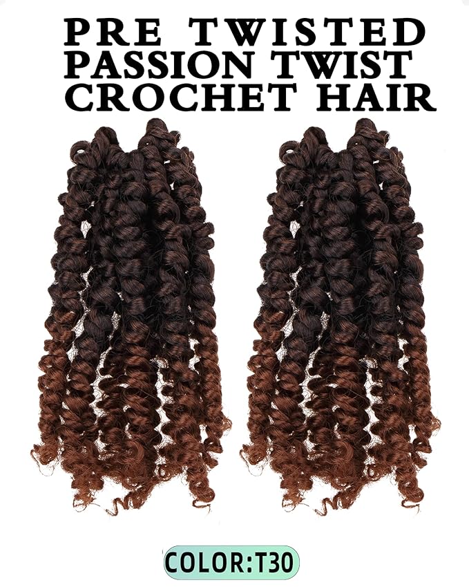 Super Short Passion Twist Crochet Hair for Black Women and Kids-6 Inch 2 Packs Ombre Brown Pre Looped Pre-twisted Passion Twist Hair,Bob Spring Kinky Twist Bohemian Curl(6"-2P,T30)