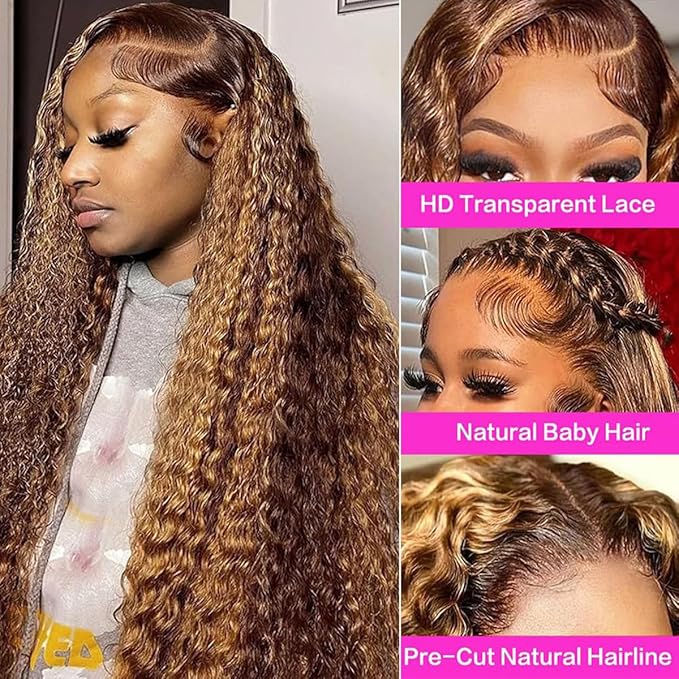 28Inch 13x4 Highlight Ombre Deep Wave Lace Front Wigs Human Hair Pre Plucked 4/27 Honey Blonde Deep Wave Human Hair Wigs for Women 250% Density