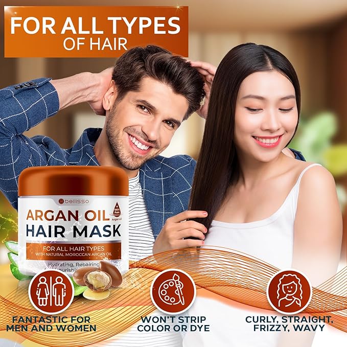 Moroccan Argan Oil Mask - Deep Conditioning Moisturizer for Dry, Extremely Damaged Hair - Hydrating Repair Treatment for Split Ends - With Collagen and Keratin for Curly, Frizzy and Color Treated Hair