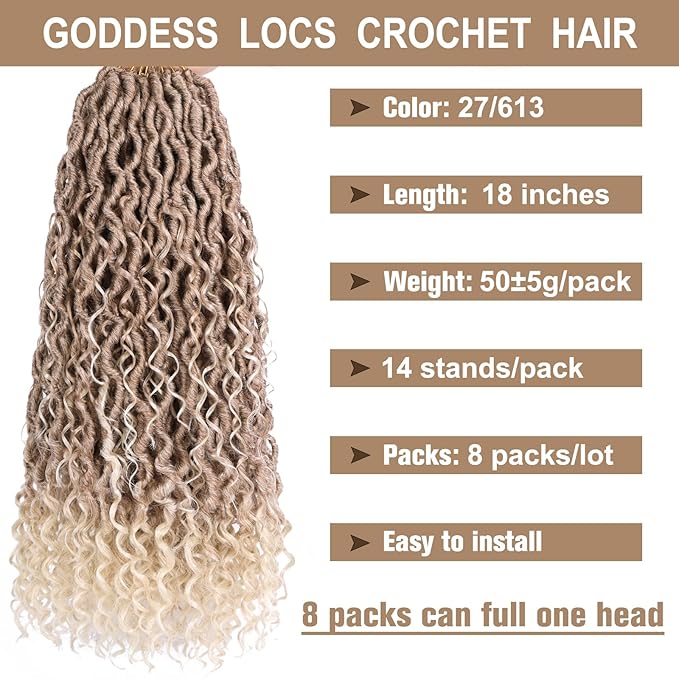 COOKOO 8 Packs Goddess Locs Crochet Hair with Curly Ends 18 Inch Mix Blonde Curly Faux Locs Crochet Braids for Black Women Hippie River Locs Hair Pre Looped Crochet Locs Hair Extensions 27/613#