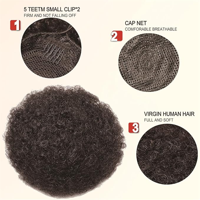 Afro Puff Ponytail Drawstring Extensions Wigs Real Human Hair for Girls Women, Natural Black Virgin Hair 8 Inch Afro Puff Hair Extensions Clip On Kinky Drawstring Curly Ponytail Bun Hairpiece Wigs