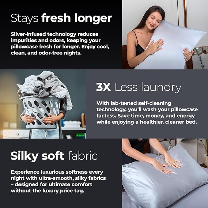 Silver Infused Satin Pillowcases Set – 2 Pack Silky Soft Cooling Pillow Cases with Self-Cleaning Silvery Technology™ for Hygienic Sleep – Better Than Silk for Hair and Skin, Size Queen 20x30”