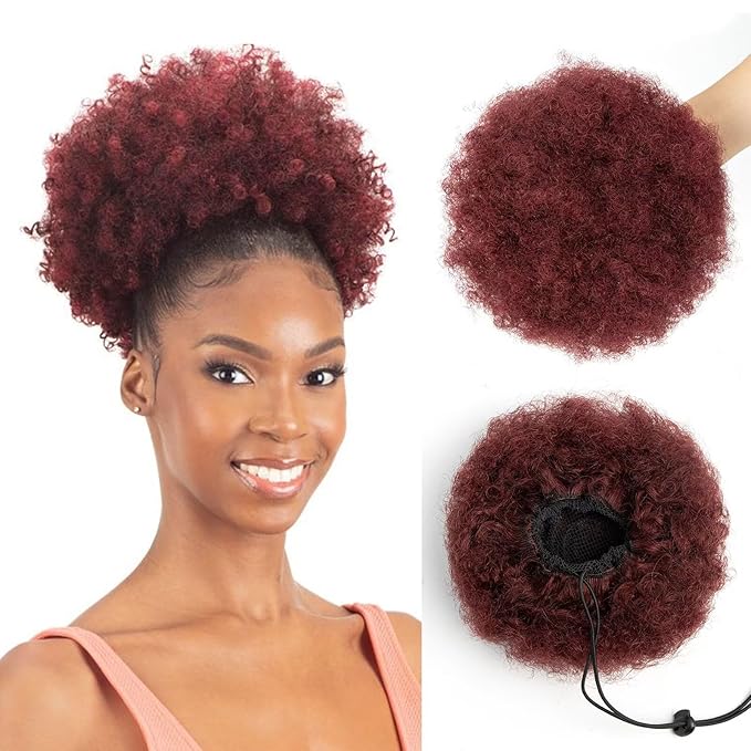 Afro Puff Clip On Human hair Drawstring Ponytail for Black Women,Short Afro Kinkys Curly Afro Bun Extension Hairpiece Ponytail Extension 8 Inch #99j Burgundy 60g