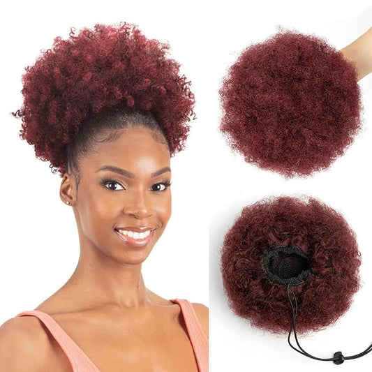 Afro Puff Clip On Human hair Drawstring Ponytail for Black Women,Short Afro Kinkys Curly Afro Bun Extension Hairpiece Ponytail Extension 8 Inch #99j Burgundy 60g