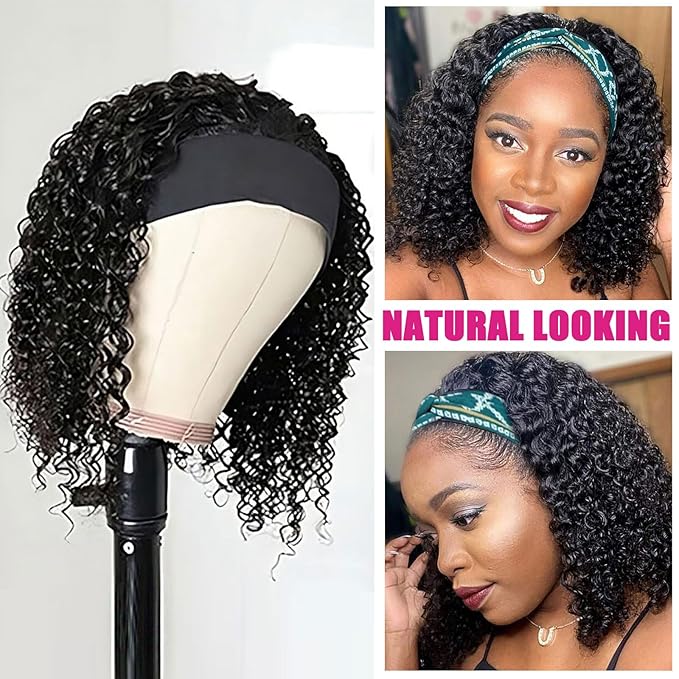 AISI QUEENS Headband Wig Human Hair For Black Women Curly Wigs Glueless Human Hair Short Curly Headband Wigs (12 Inch, Curly Headband Wigs)