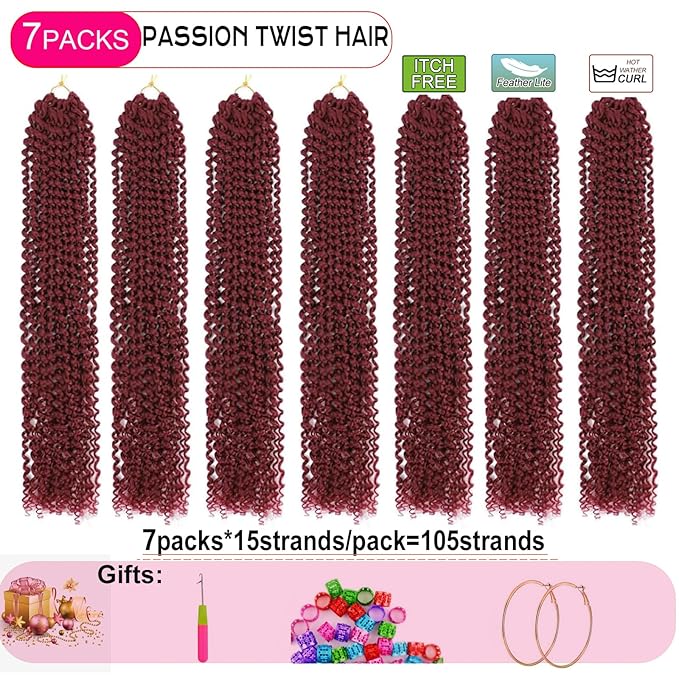 Burgundy Passion Twist Hair,14 Inch 7 Packs Water Wave Crochet Hair Wrap Braiding Hair For Passion Twist Crochet Hair/Butterfly Locs/Spring Twist Crochet Hair Braids (14in,7pcs,burgundy#)