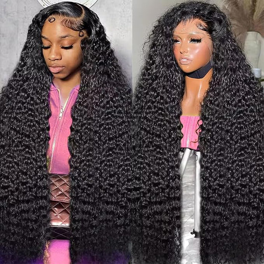 Deep Wave Lace Front Wigs Human Hair 13x6 HD Transparent Lace Front Wigs 200% Density Deep Curly Human Hair Wig Pre Plucked Deep Wave Frontal Wigs Natural Color 18 Inch