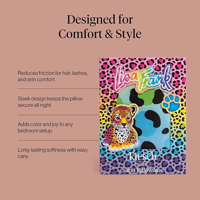 Kitsch x Lisa Frank Satin Pillowcase with Zipper for Hair & Skin, Softer Than Silk Pillow Cases, Wrinkle-Free, Smooth and Cooling Satin Pillow Covers King Size (19x36) - Rainbow Leopard