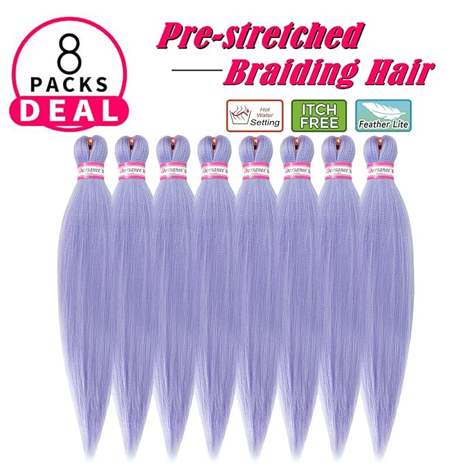 Light Purple Braiding Hair Pre Stretched 20 Inch 8 Packs Braiding Hair Extensions for Crochet Box Braids Twists Locs Hair Soft Yaki Texture Hot Water Setting (20inch,#Light Purple)