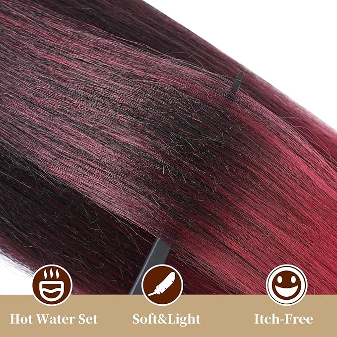 Pre Stretched Braiding Hair Ombre Black to Burgundy Braiding Hair,Professional Hair Extensions Hot Water Setting Synthetic Fiber Crochet Twist Braids(24Inch,1B/900#)