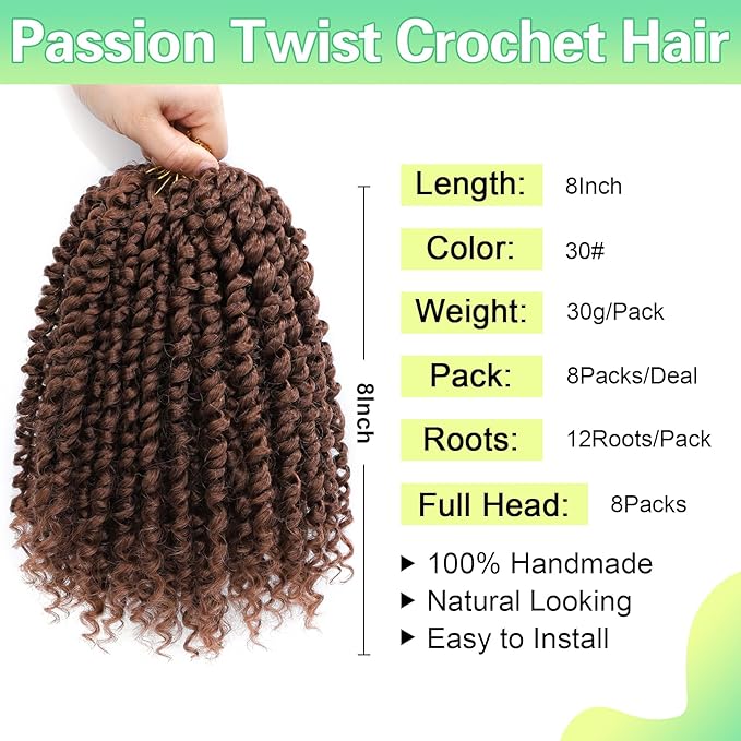 Passion Twist Hair, Pre Twisted Passion Twist Crochet Hair For Black Women, Passion Twist Curly Crochet Hair 8 Inch 8 Packs, Short Crochet Passion Twist Braiding Hair Extensions…