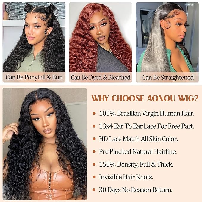 13x4 Deep Wave Lace Front Wigs Human Hair 180 Density Short Curly Wigs for Women Gluless Wigs Human Hair Pre Plucked Bleached Knots With Baby Hair Natural Hairline (18 Inch)