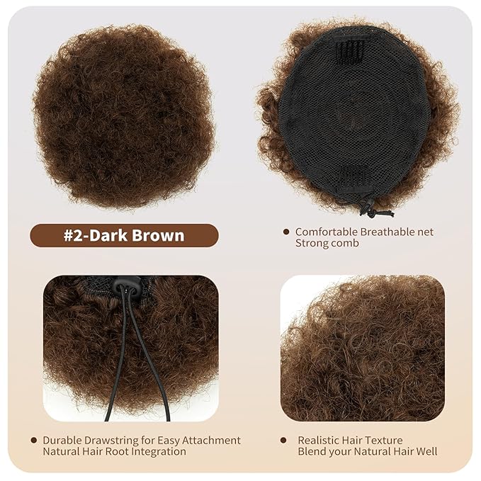Natural Afro Puffs Real Human Hair Ponytail for Black Women 6Inch Short Kinky Curly Ponytail Extension Cheer Wedding Drawstring Ponytail Fake Hair Bun Updo down African American 4c Buns Dark Brown 40g