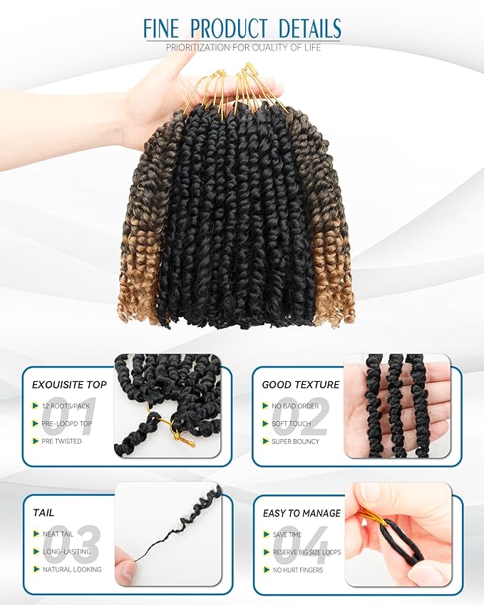 8 Inches 8 Packs Passion Twist Crochet Hair-Mixed Color Combination Package(6 packs 1B+2 pack T27),Pre-twisted Pre Looped Synthetic Spring Kinky Twist Hair Extensions(8"-8 Packs,1B+T27)
