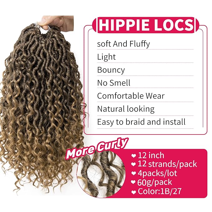 Goddess Locs Crochet Hair Short Curly Faux Locs 12Inch Pre-looped River Locs Hippie Locs Bohemian Crochet Braids for Black Women 4Packs(1B/27, 12inch)