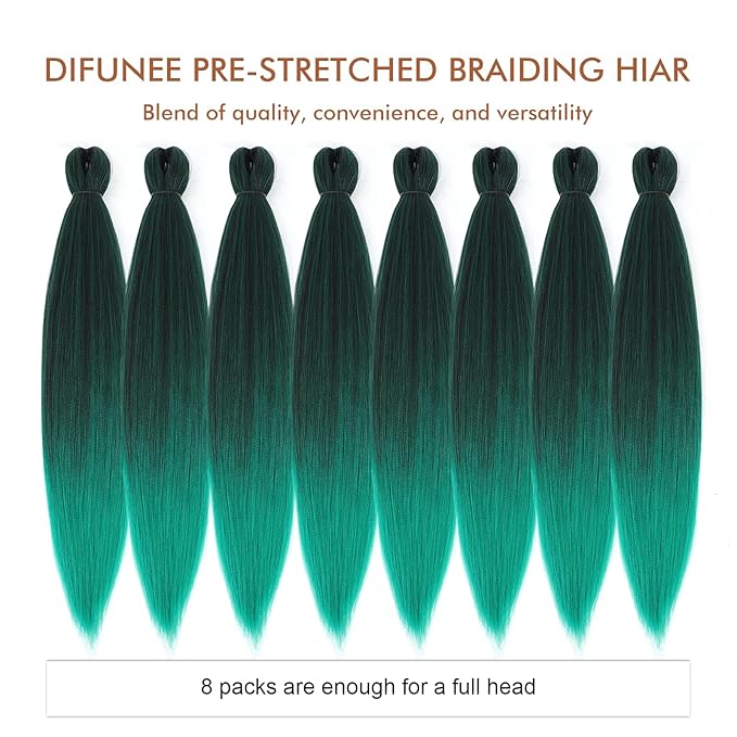 Pre-stretched Braiding Hair - 16 Inch 8 Packs Ombre Green Braiding Hair For Twist or Box Braids, Yaki Texture Hot Water Setting Synthetic Short Braiding Hair Extensions (16 Inch, T-Green-8P)