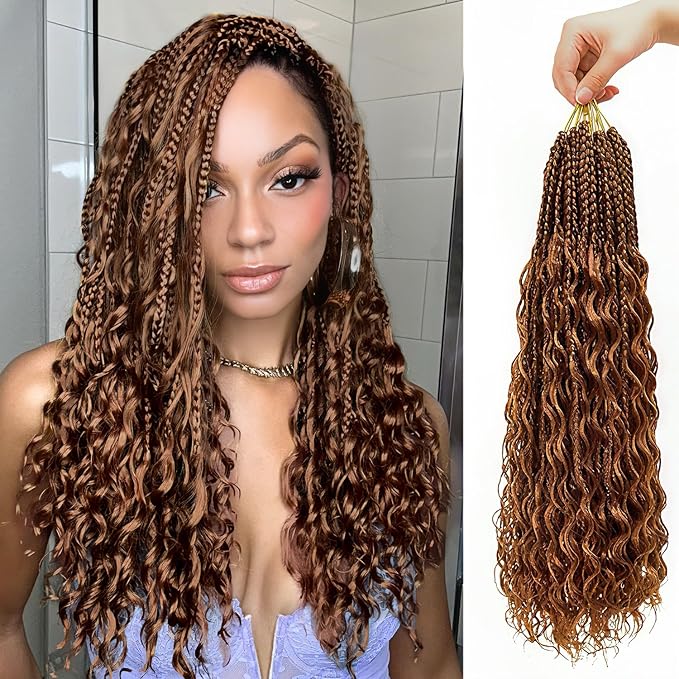 Eacia Goddess Box Braids Crochet Hair 24 Inch 7 Packs Pre Looped Boho Box Braids With Curly Ends Bohomian Curly Crochet Hair Extensions for Women(24 Inch, 30#)