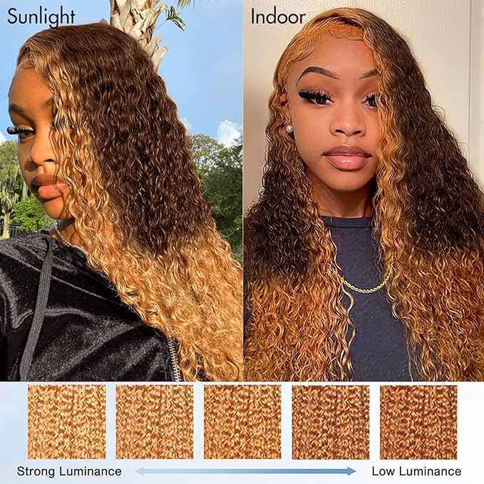 MEGOOD 250% Density 13x6 Highlight Ombre Lace Front Wig Human Hair 13x6 HD Honey Blonde 4/27 Curly Wig Human Hair Pre Plucked Deep Wave Lace Front Wigs Human Hair Colored Wigs 18Inch