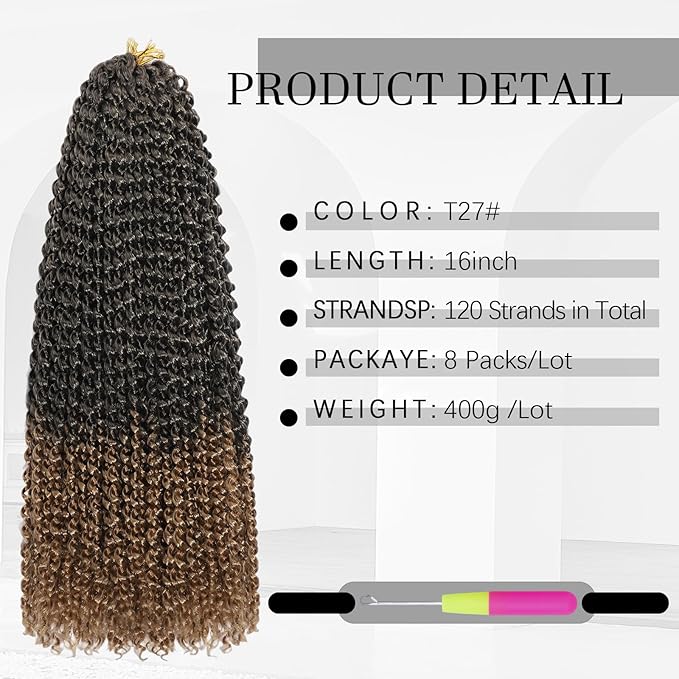 Passion Twist Hair 16 Inch 8 Packs Water Wave Crochet Hair Bohemian Braiding Hair Pre Looped Crochet Braids Hair Extensions For Black Women （T/27#）