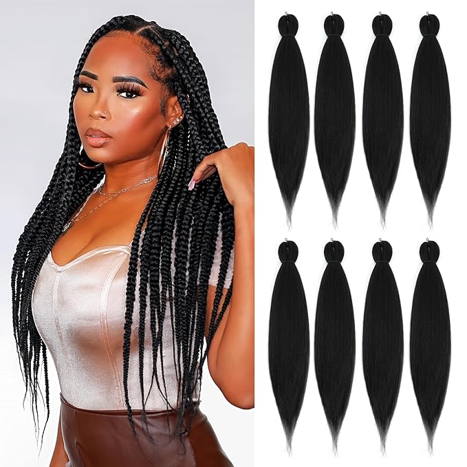 Pre-stretched Braiding Hair - 32 Inch 8 Packs Natural Black Super Long Braiding Hair For Twist or Box Braids, Yaki Texture Hot Water Setting Synthetic Braiding Hair Extensions (32 Inch, 1B-8P)