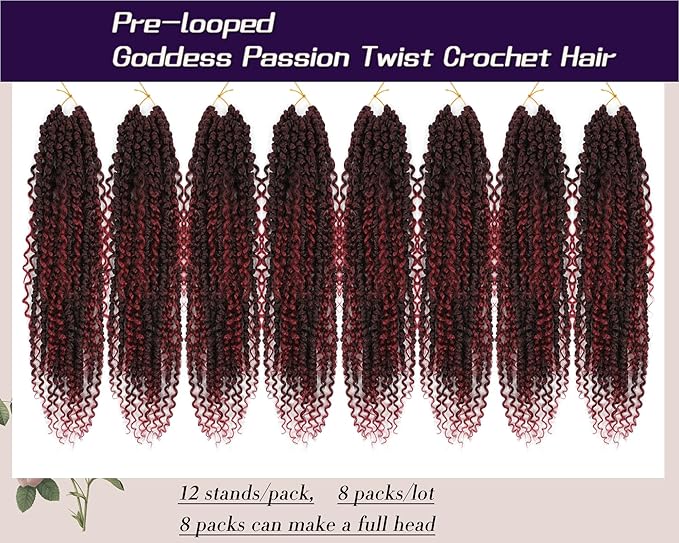 Goddess Passion Twist Crochet Hair 18Inch 8Packs Ombre Boho Passion Twist Hair Pre-twisted Crochet Passion Twist Hair Prelooped Boho Crochet Hair for Black Women (8 Packs, #1B/BUG,18inch)