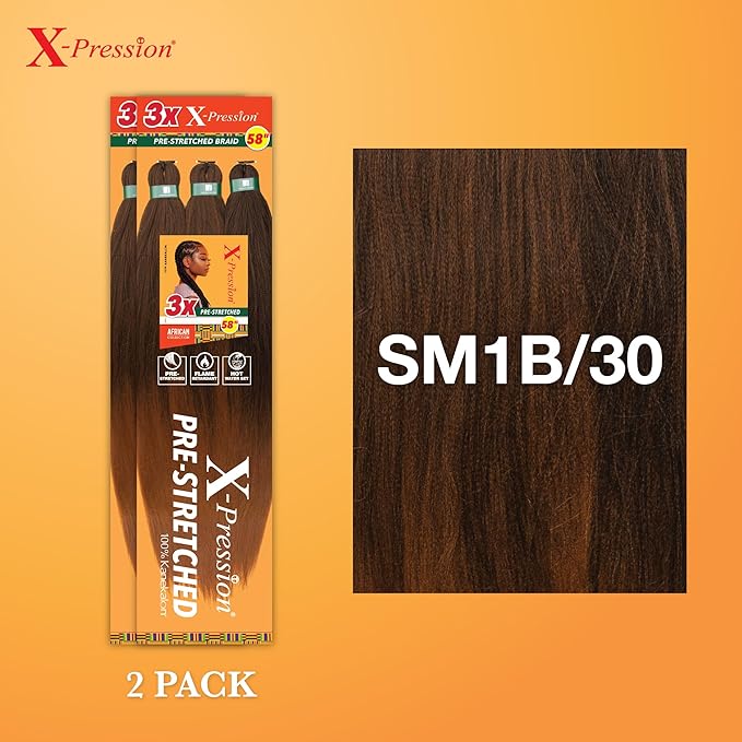 Sensationnel X-pression prestretched braiding hair - 3x braid 58 inch all kanekalon flame retardant synthetic braid for box braids and twists (2 pack, SM1B/30)