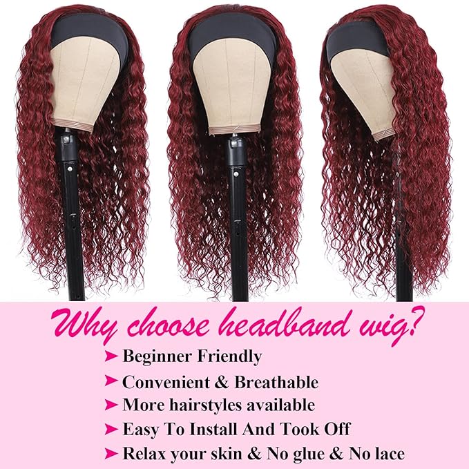 Aiterina Headband Wig deep wave human hair wigs for Black Women Brazilian Remy Hair Glueless Non Lace Front Wig 150% Density (14 inch, 102J)