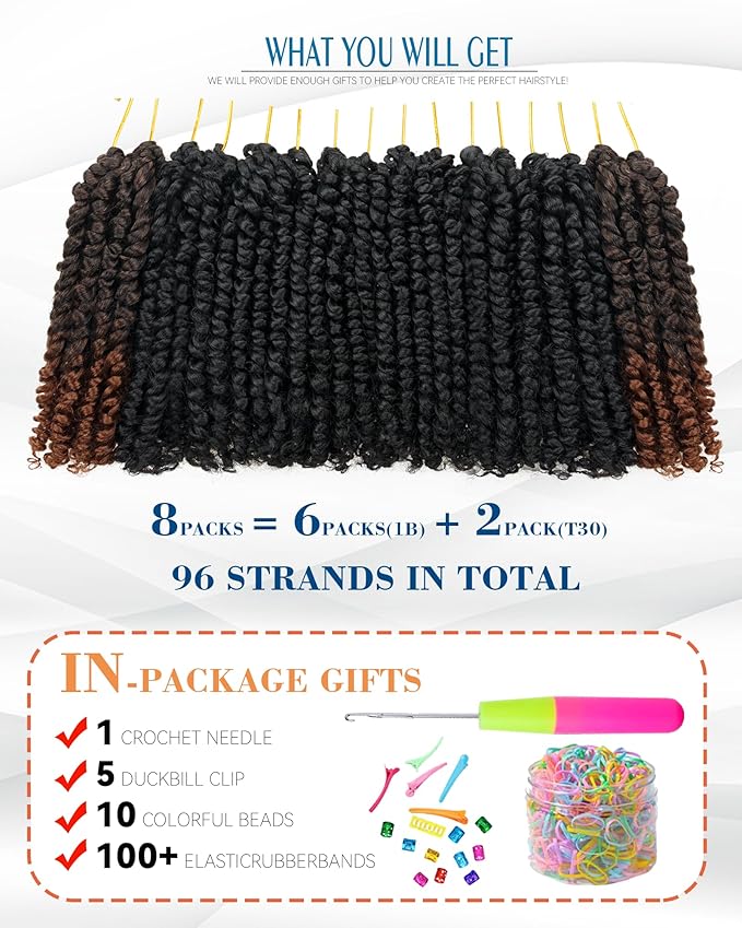 Passion Twist Crochet Hair-Mixed Color Combo Pack(6 packs 1B+2 packs T1B/30),Pre-twisted Pre Looped Short Super Soft Synthetic Braided Hair Extensions For Black Women and Kid(6"-8 Packs,1B+T30)