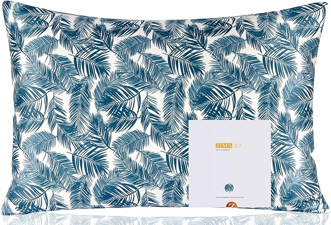 ZIMASILK 100% Pure Mulberry Silk Pillowcase for Hair and Skin Health,Both Sides 19 Momme Silk Floral Print,1pc(Queen 20''x30'',Blue Leaves)