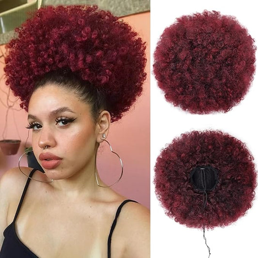 AISI QUEENS Afro Puff Clip On Synthetic Ponytail Extension for Black Women, Ombre Burgundy Short Kinky Bun for for Women Girls(1B/BUG#)