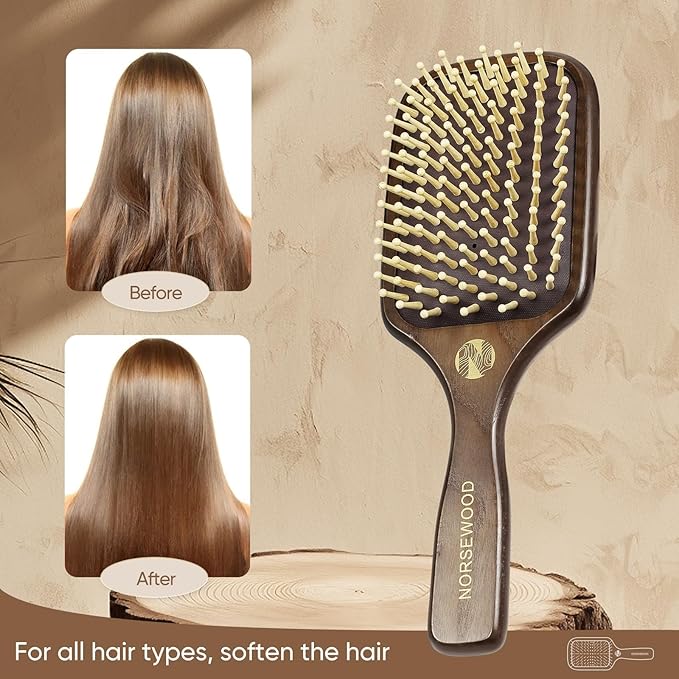 100% Natural Wood Hairbrush for Massaging Scalp,for Most Hair Types, Wooden Bristle for Reducing Damage, Scalp Massager Perfect for Women, Men & Kids