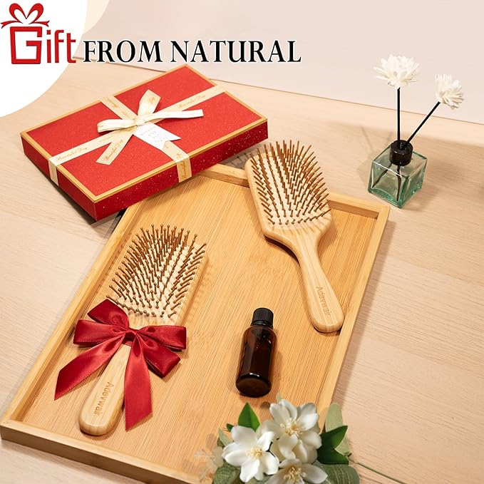 Bamboo Brush for Hair Growth, Natural Bamboo Bristles Detangling Paddle Hair Brush for Women Men and Kids Massaging Scalp, Wooden Brush with Ergonomic Handle for All Hair Types