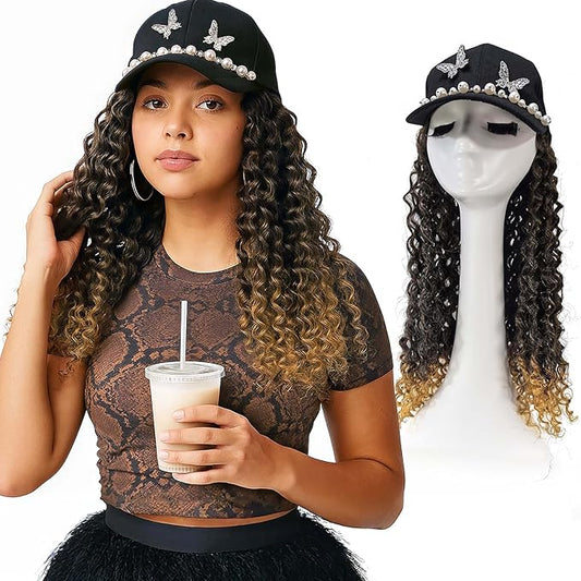 Hat with Gogo Hair Extensions, 16-Inch Synthetic Curly Brown Wig, Beach Curl Crochet Hair for Black Women
