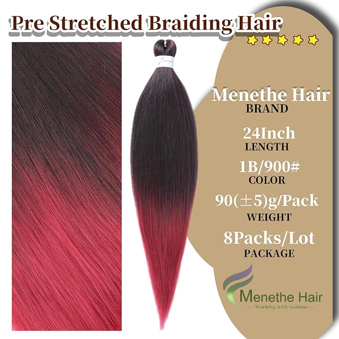 Pre Stretched Braiding Hair Ombre Black to Burgundy Braiding Hair,Professional Hair Extensions Hot Water Setting Synthetic Fiber Crochet Twist Braids(24Inch,1B/900#)