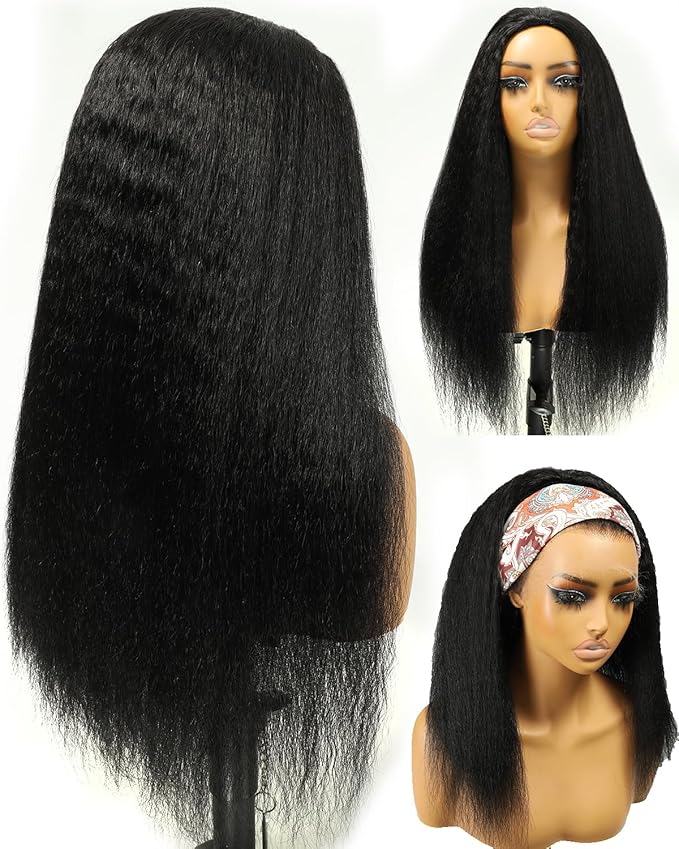 BEEOS Kinky Straight Half Wig, 100% Remy Human Hair No Glue Drawstring Half Wigs for Women 180% Density, Undetectable Track No Smell 22 Inch