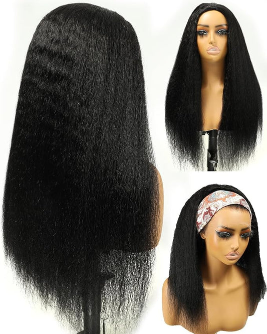 BEEOS Kinky Straight Half Wig, 100% Remy Human Hair No Glue Drawstring Half Wigs for Women 180% Density, Undetectable Track No Smell 22 Inch