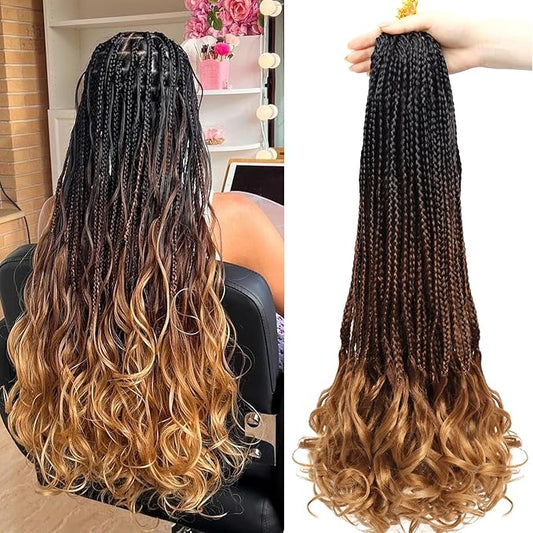 French Curl Crochet Braids 24 Inch 8 Packs Goddess Box Braids Crochet Hair for Women Pre Looped Crochet Box Braid with Curly Ends Synthetic French Curly Braiding Hair Extensions (1B/33/30)