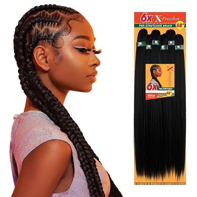 Sensationnel X-pression prestretched braiding hair - 6x braid 58 inch all kanekalon flame retardant synthetic braid for box braids and twists (1 JETBLACK)