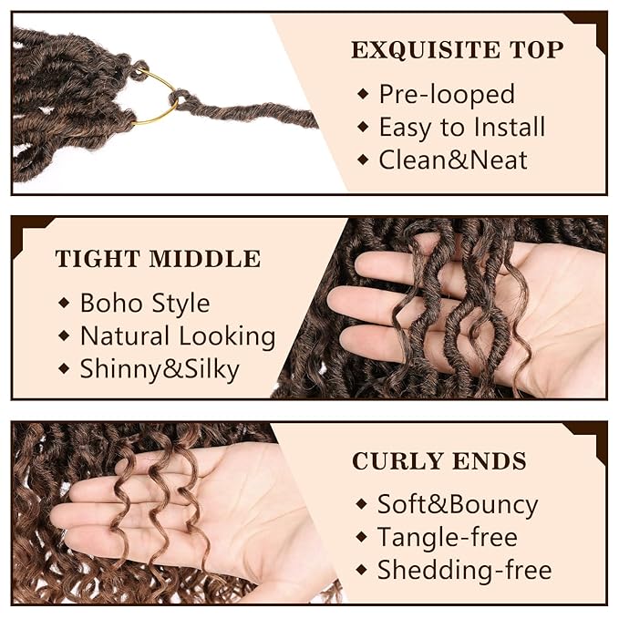 COOKOO 8 Packs Short Goddess Faux Locs Hair 12 Inch 14 Strands/Pack Pre-looped Ombre Brown Goddess Locs Crochet Hair Bohemian Locs Crochet Hair with Curls River Locs Synthetic Hair Extentions T30#