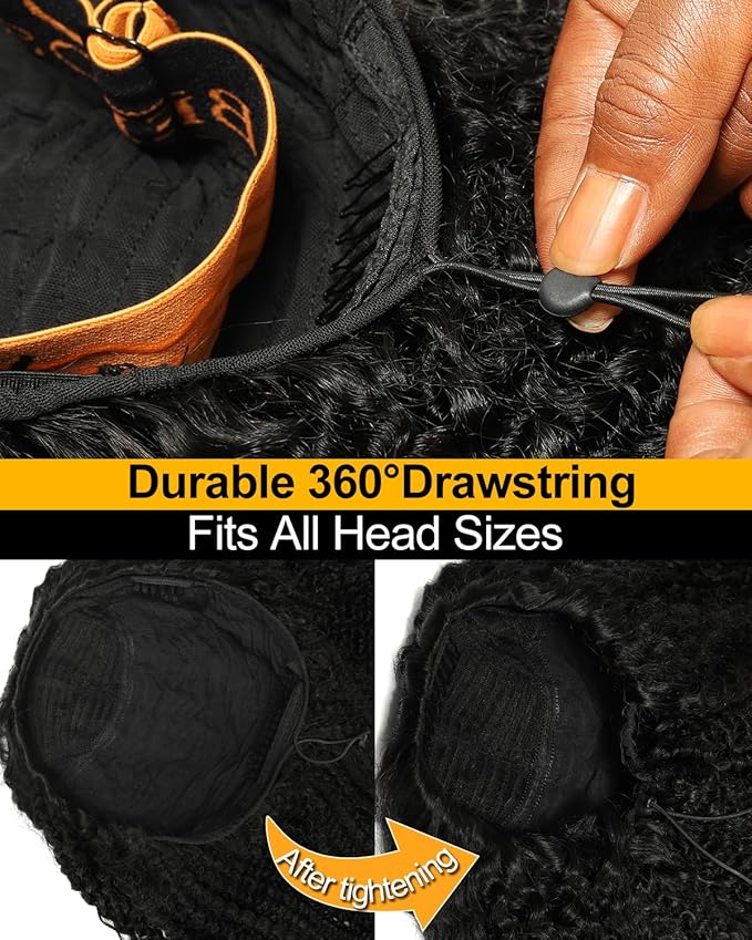 BEEOS Human Hair Half Wig Kinky Curly, 3 In 1 Glueless Drawstring Half Wigs for Women 180% Density, Tight Curl Seamless Blend with 3C/4A Hair 16 Inch