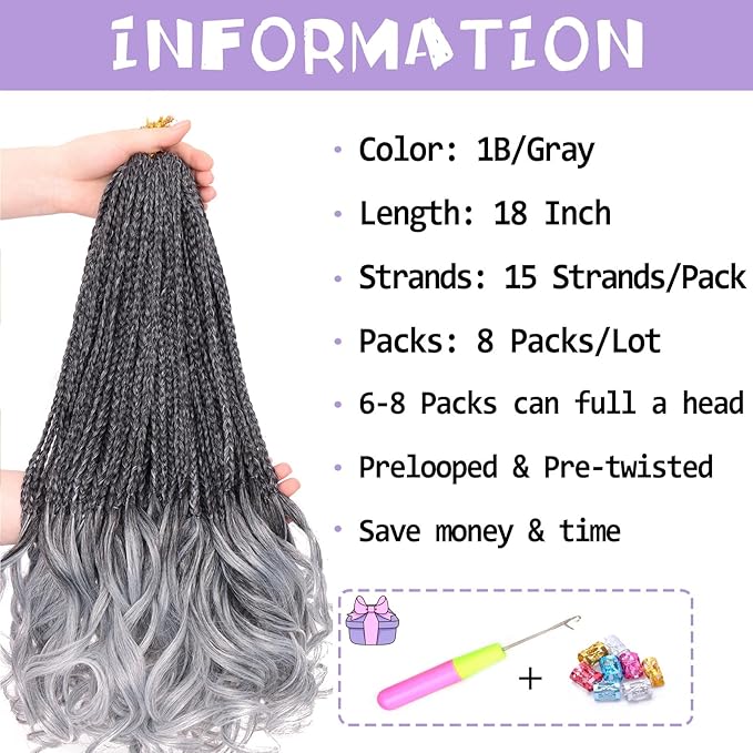 French Curl Crochet Braids 18 Inch 8 Packs Goddess Box Braids Crochet Hair for Women Gray Pre Looped Crochet Box Braid with Curly Ends Synthetic French Curly Braiding Hair Extensions (1B/Gray)