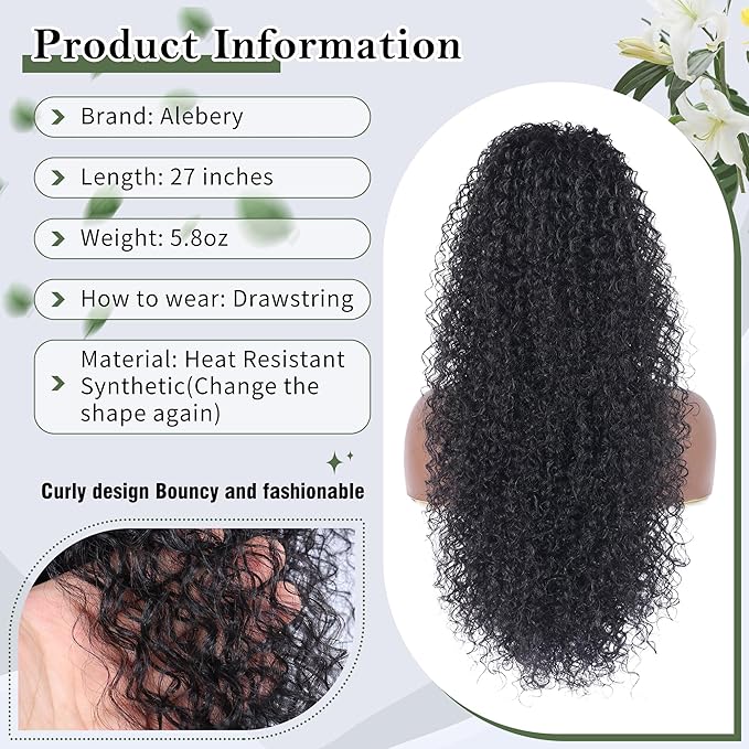 27 Inch Drawstring Ponytail Extension for Black Women Deep Curly Ponytail Extension Synthetic Mixed with Human Hair Hairpieces Afro Kinky Curly Pony Tail for Daily Use (Black)