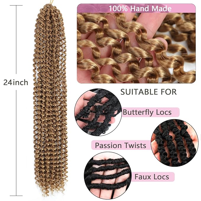 Passion Twist Hair Blonde 24 Inch 8 Packs Water Wave Crochet Hair For Women Curly Braiding Hair Long Spring Twist Hair Synthetic Hair Extension (24 Inch (Pack of 8), 27#)