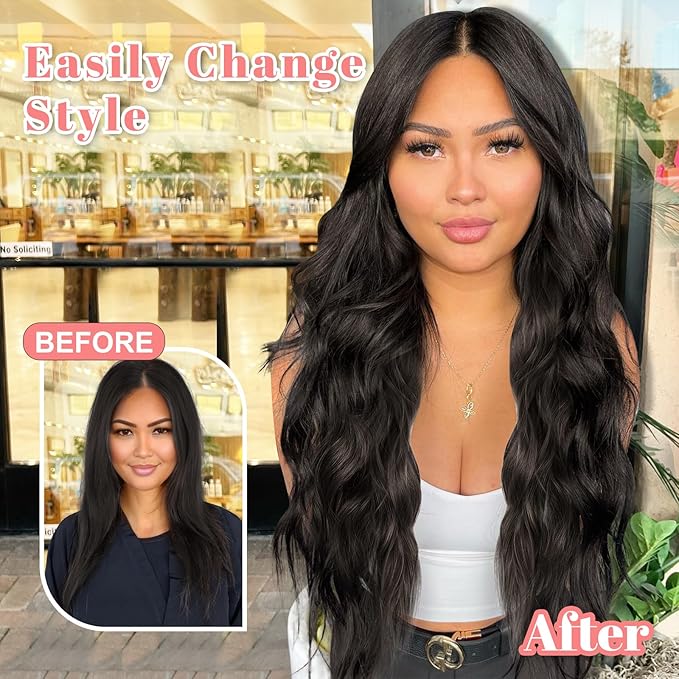 ALXNAN Clip in Long Wavy Synthetic Hair Extension 20 Inch Natural Black 4PCS Thick Hairpieces Fiber Double Weft Hair for Women