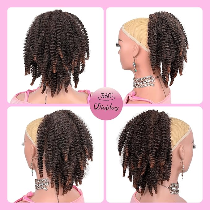 Short Marley Hair Drawstring Ponytail Ombre Brown 4C Afro Puff Bun Braiding Ponytail Hair with Clips Synthetic Afro Kinky Curl Pony Tail Hairpiece for Black Women - T30#, 12"