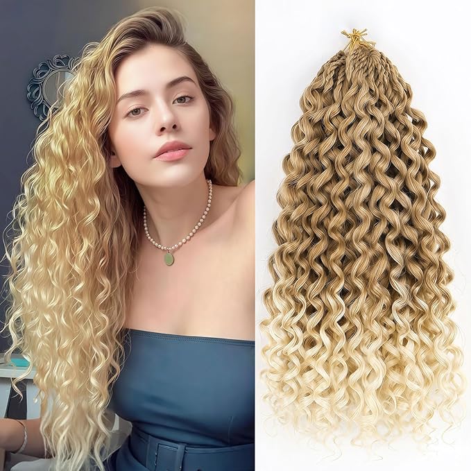 Gogo Curl Crochet Hair Protein Fiber Close to Human Hair 7 Packs Pre looped Water Wave Crochet Hair Deep Twist Synthetic Braiding Hair for Women (P27/613, 14Inch)